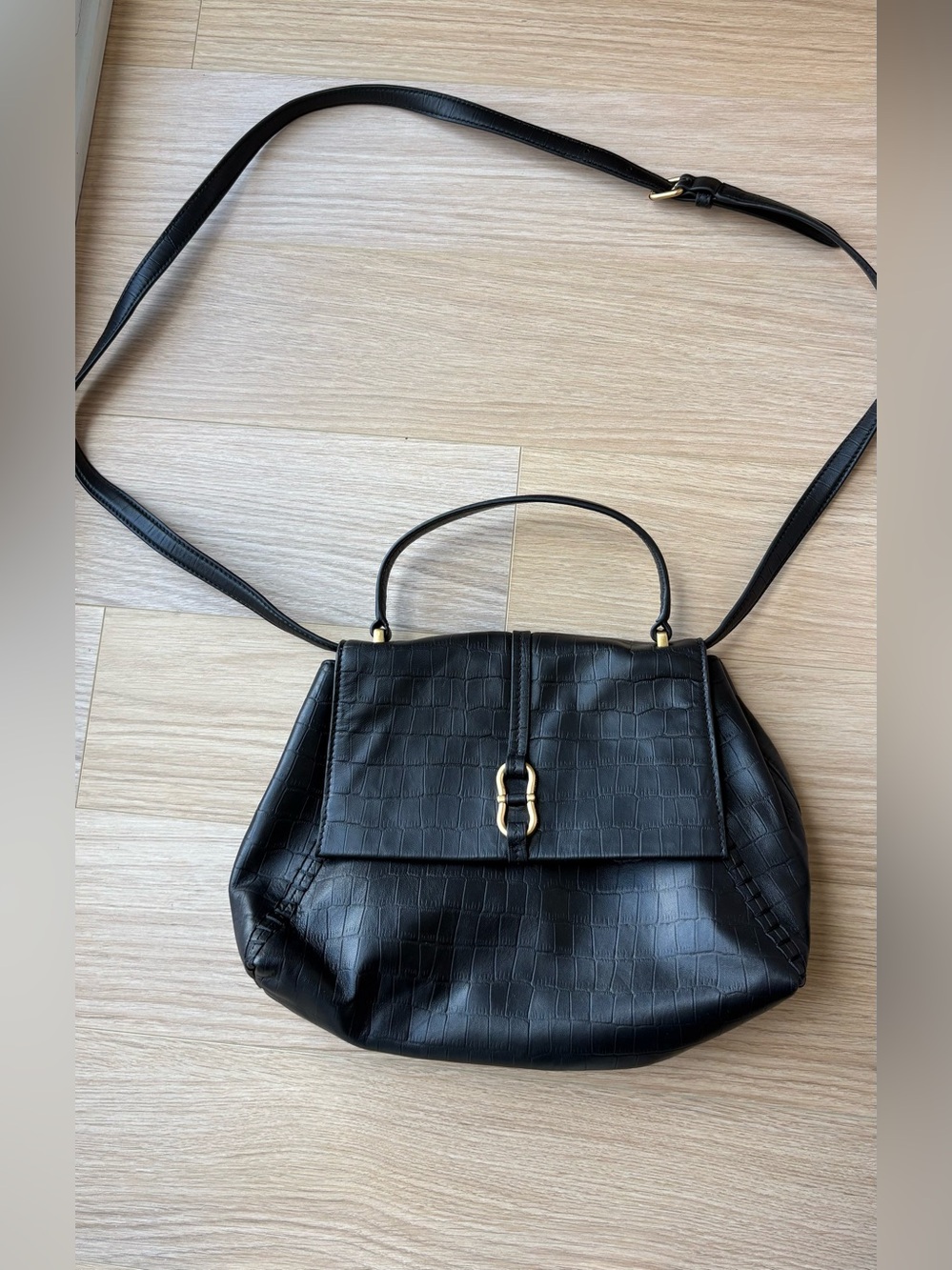 Black Croc-Embossed Top Handle and Crossbody Bag
